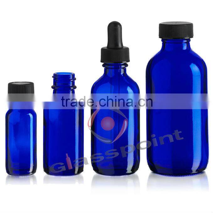 Blue boston round bottle with plastic cap, glass bottle for medicine, cobalt blue bottle for essential oil