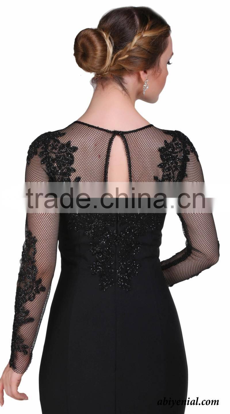 ABI-09 See Through Appliques O-neck Long Mother Dresses with Long Sleeves Custom made Mother Of the Bride Dresses