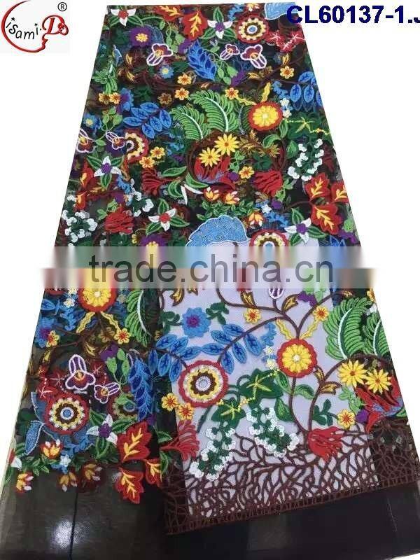 CL60137 Newest arrival net lace graceful fabric with colorful embroidery flowers pattern for fashion lady