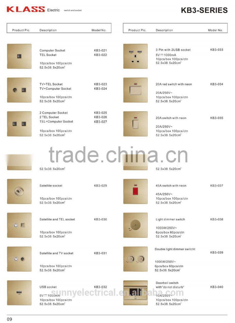 British style brushed aluminum golden 15A switched socket