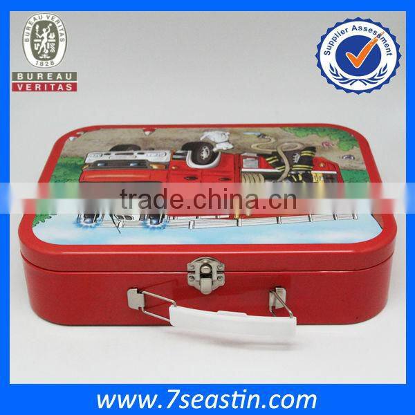 fancy suitcase tin box with plastic handle and metal lock