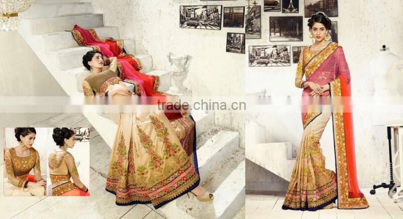 Gold & Magenta Georgette On Net Saree