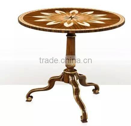 Handmade Marquetry Round Side Table, Luxury Brass Inlaid Natural Wood Coffee Table Vintage Style Castle Living Room Furniture