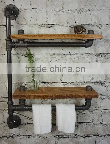 Industrial water pipe wood bathroom wall shelf with hooks
