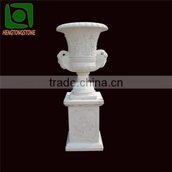 Garden Natural Stone Flowerpot with Statue Carving