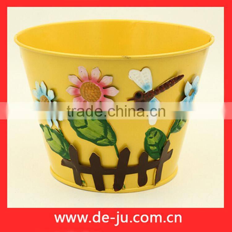 Green Printing With Flowers Round Small Metal Planter