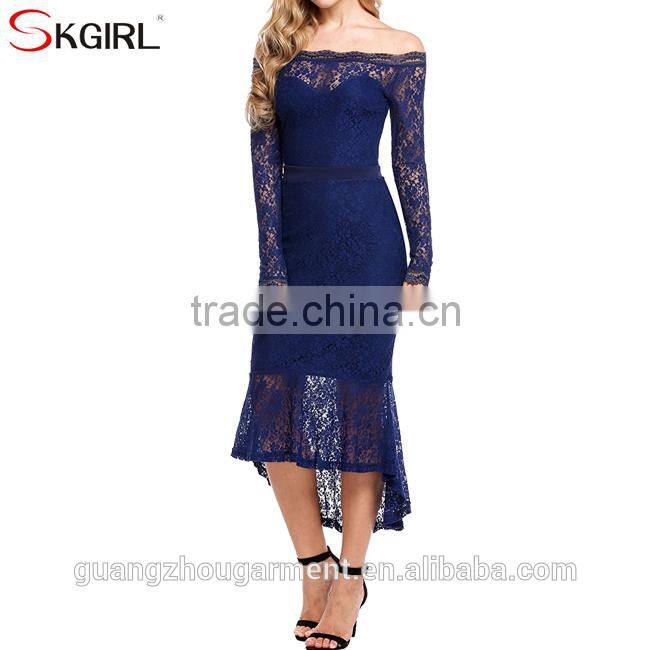Women's off shoulder long sleeve floral lace mermaid long fish tail cocktail evening bodycon dress
