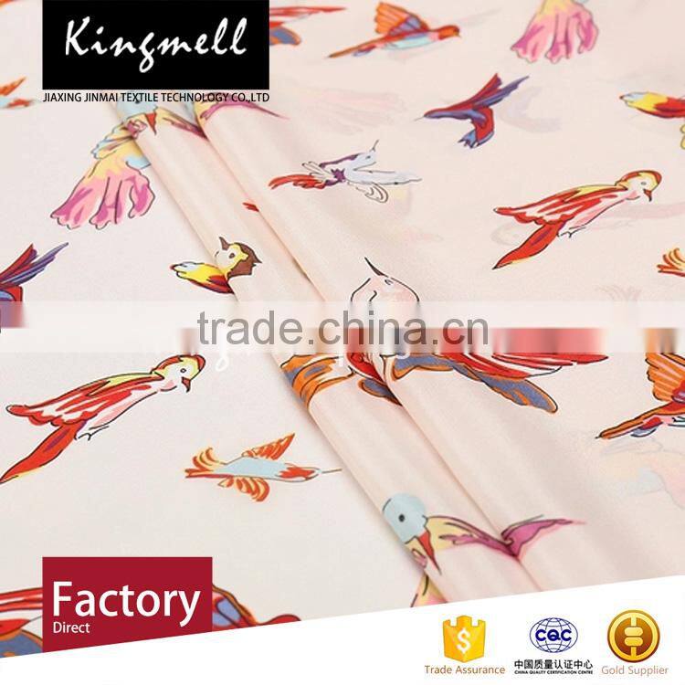 Custom birds cartoon digital printed silk crepe de chine fabric for dress or scarf