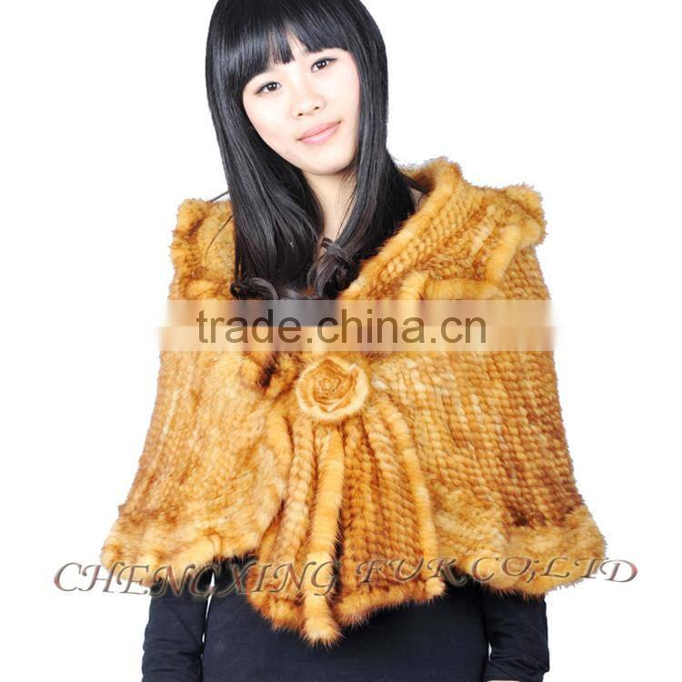 CX-B-M-60D Fashion Wholesale Knitted Mink Fur With Rosette Lady Fur Shawl