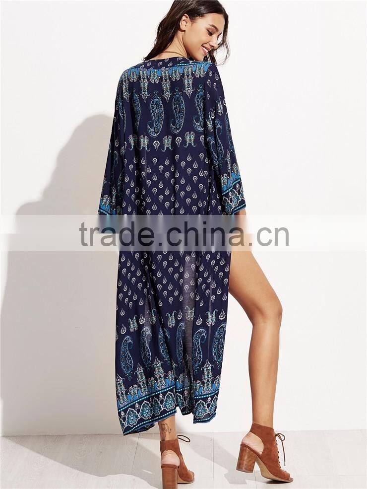 Custom Print Own Design Wholsale Bulk Women Fashion Beachwear Longline Navy Paisley Print Chiffon Kimono