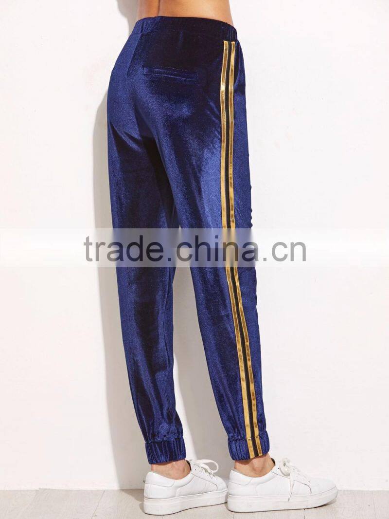 Navy Side Striped Drawstring Velvet Sweatpants 95% Polyester 5% Spandex Elastic Waist Loose Trousers