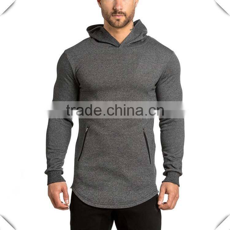 new fashion mens longline curved hem pullover hoodie with side zippers grey plain cotton elastane fleece fitness oem gym hoodie