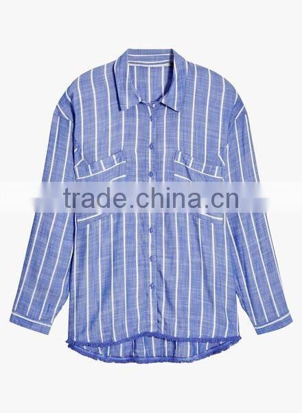 Wholesale 2017 Custom Ladies Fashion Frill Blouse Stripes Relaxed Ruffle Shirts