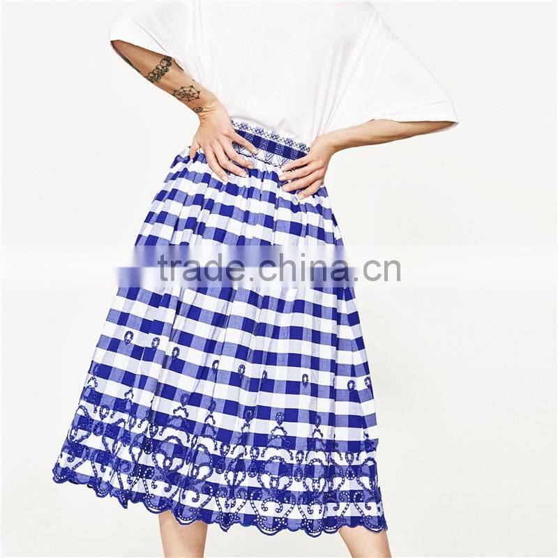2017 OEM Spring Midi Flounce Plaid Skirt with High Elastic Waist