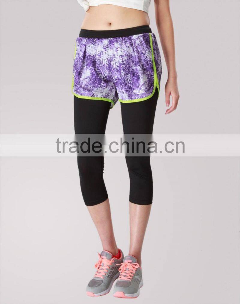 Ladies open-air spring/autumn slim fit fake two-piece 3/4 quick-dry purple mesh running/yoga sports pants