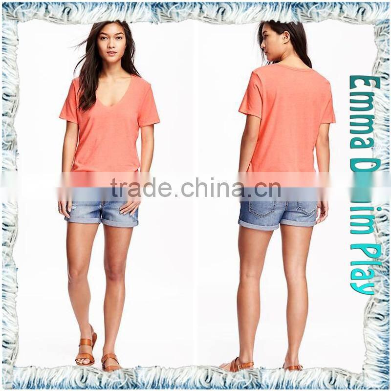Latest Style Fashion Designs Color Dyed Sexy Girl's Soft Cotton Super Deep V Neck T-Shirts
