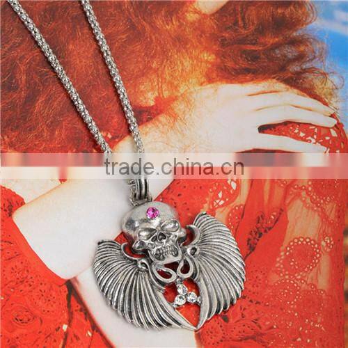 Jewelry Wing Skull Halloween Pendant Fuchsia Clear Cubic Zirconia Chain Necklace