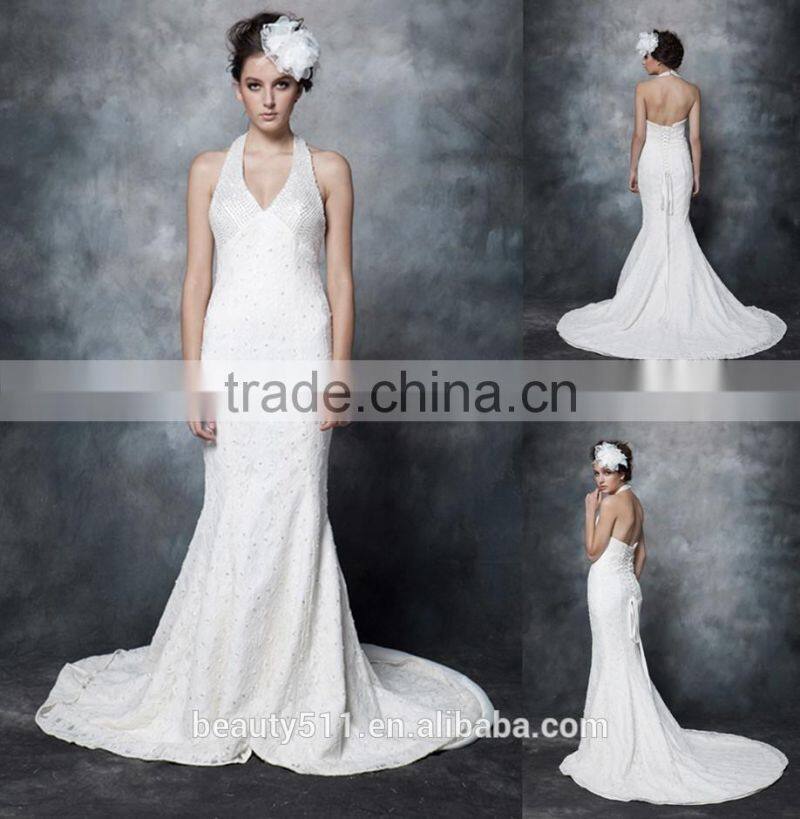 2017 Latest design Beaded V-neck Hanging shoulder halter Mermaid Lace wedding dress AS291