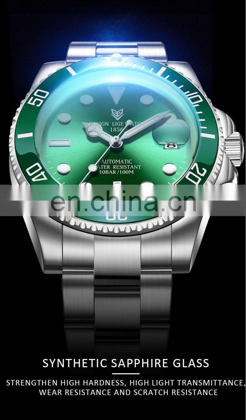 LIGE 6801 Luxury Automatic Watches Men Stainless Steel Waterproof Dive Watches Business Mechanical Watch