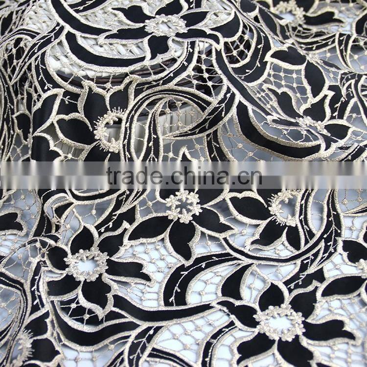 Hot-selling promotional custom chemical evening sexy dress use hot popular black gold lace fabric