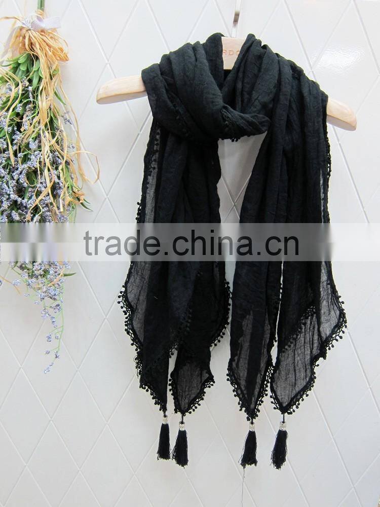 Fashion Latest Large Long Plain Cotton Linen Embroidery Lace Brim Tassel Scarf Shawl