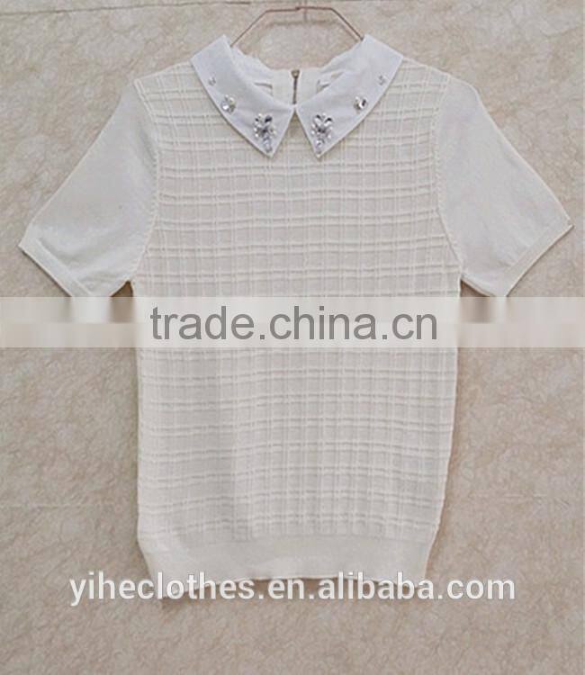 Girl plaid knitting wear shirt-collar short sleeve sweater pullover