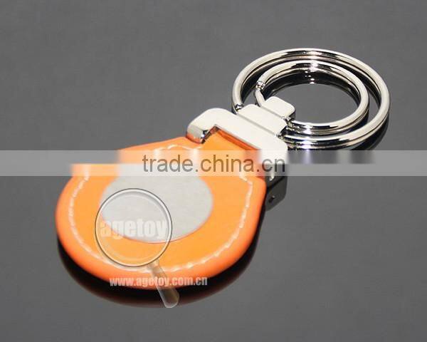 Oval Shaped Orange Leather Double Alloy Keyring Stainless Steel Sticker Metal Leather Key Fobs