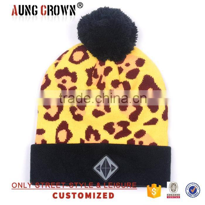 custom knitted cuff embroidery beanie hat/pom pom jacquard knitted hat