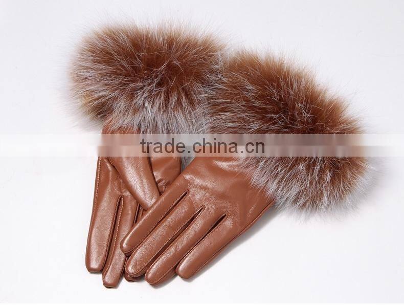 Haining Genuine Sheep Leather Winter Gloves with fox fur cuffs