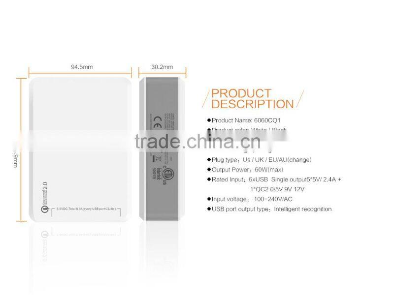6 ports 60W wall charger desktop charger/home charger with QC2.0/3.0 port