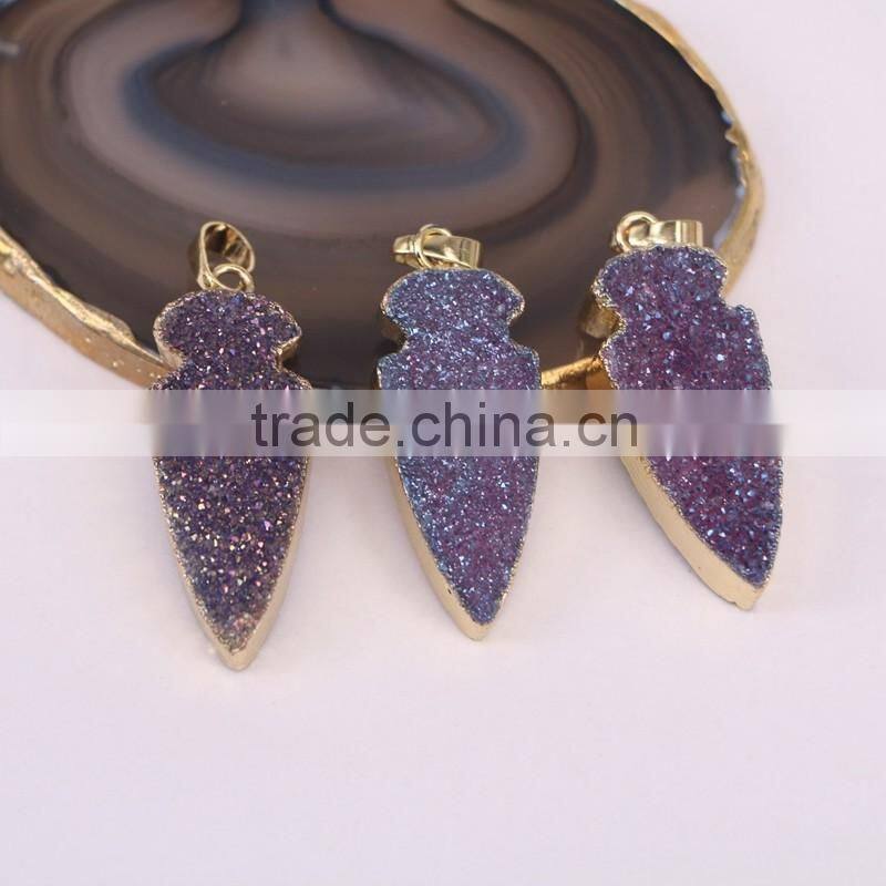 Titanium Agate Quartz Stone Pendant, Gold Plated edged Arrow Gem stone Pendant, For Jewelry Making