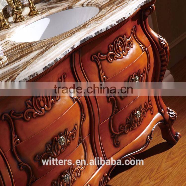 WTS-8188 70 inch luxury bathroom furniture golden decoration double sinks wood bathroom vanity cabinets with three holes