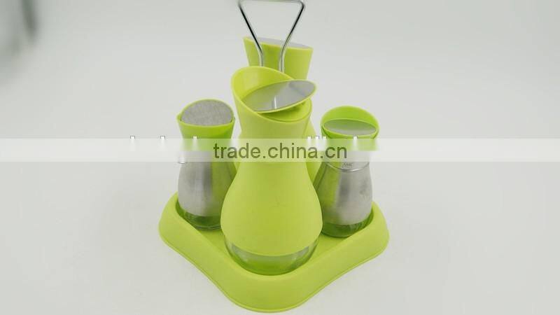 Glass oil vinegar salt pepper set cruet set with plastic coating and stand