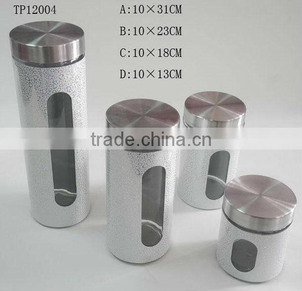 popular 4 sizes spraying plastic cylinder glass cookie jar with decorating