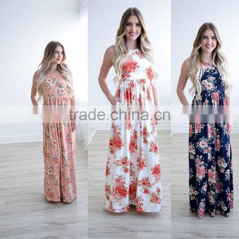 Women Floral Print Racerback Casual Tunic Long Maxi Dress Sleeveless Pocket Maxi long dress women sleeve