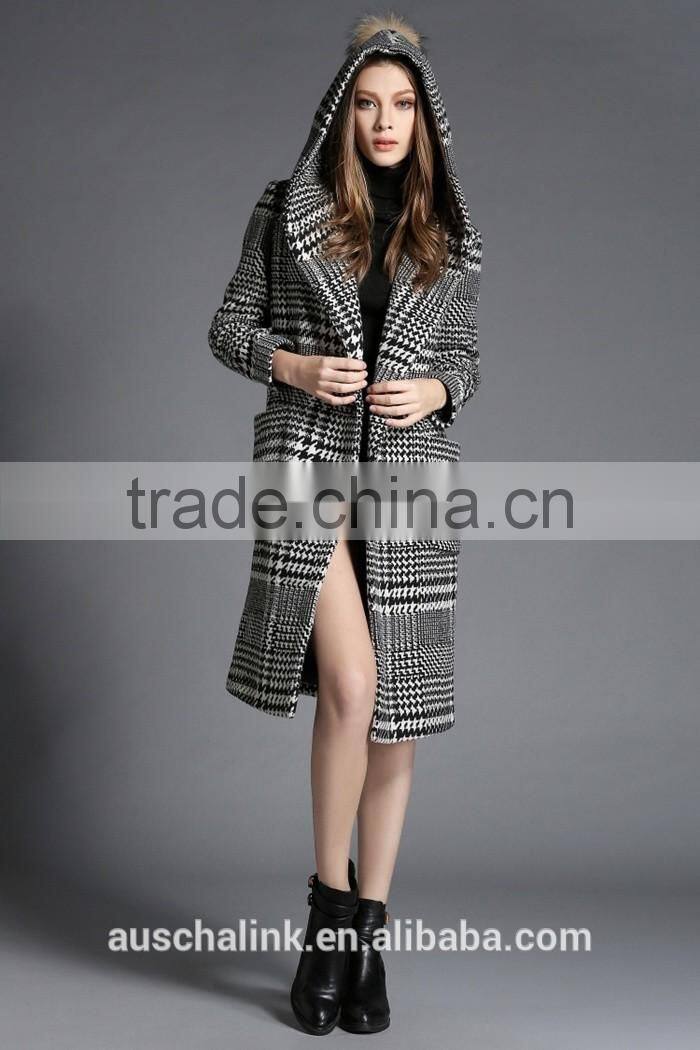 auschalink outdoor fashion women tweed hoodie coats plaid design