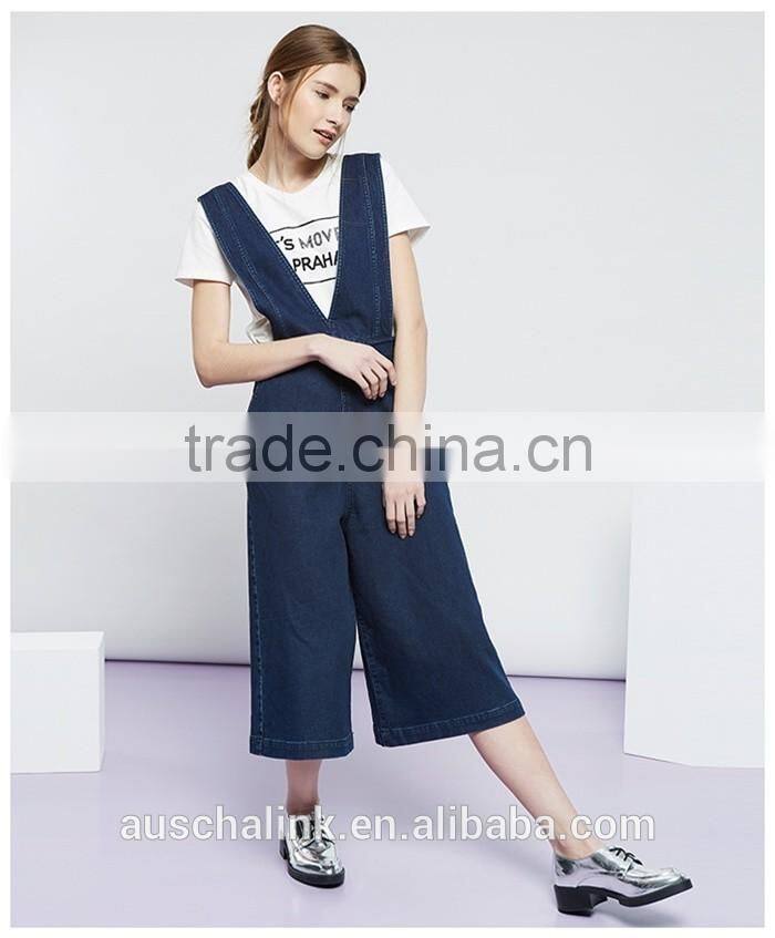 latest design 100% cotton wide leg gallus jeans pants for girl