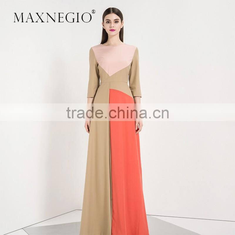 Latest design fashion contrast color ladies high quality elegant long sleeve and maxi evening dress 2016