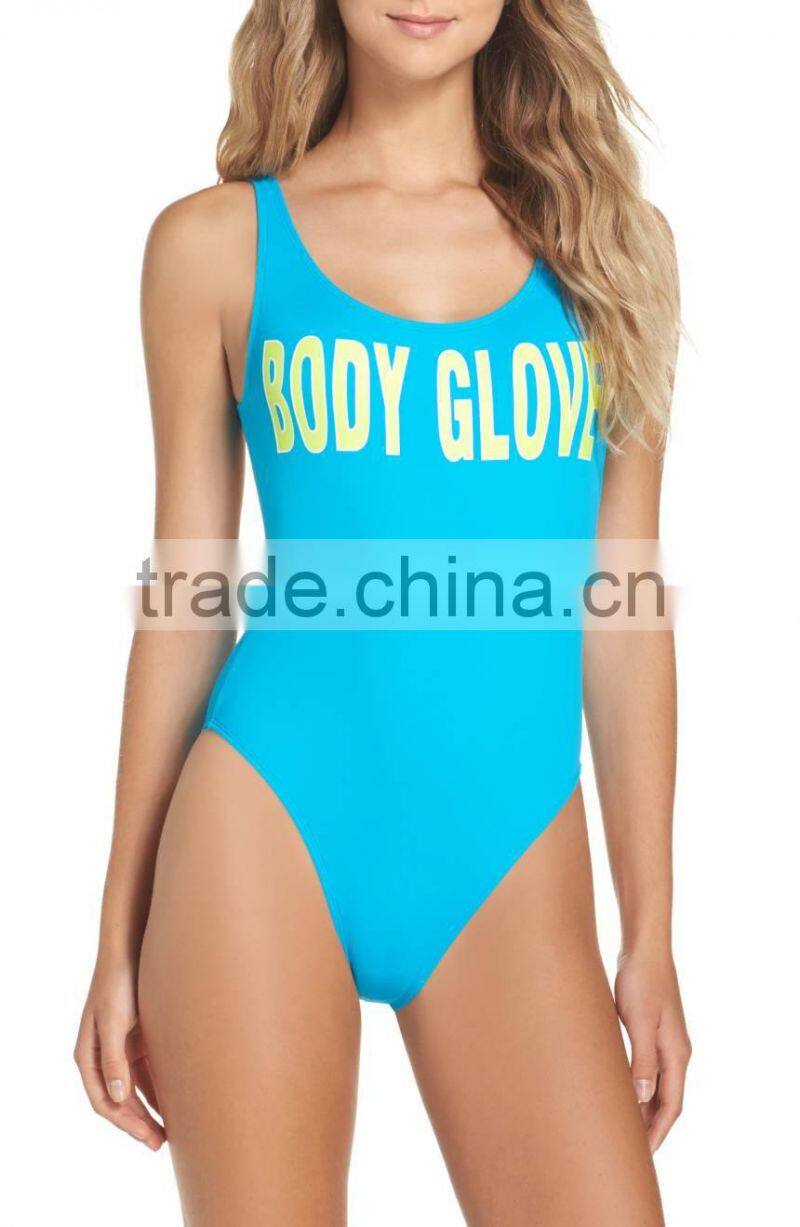 Retro One-Piece Swimsuit Double Scooped Neckline Customize Screenprinted Logo Across Bust Swimwear High-Cut Sides Nylon Stretchy