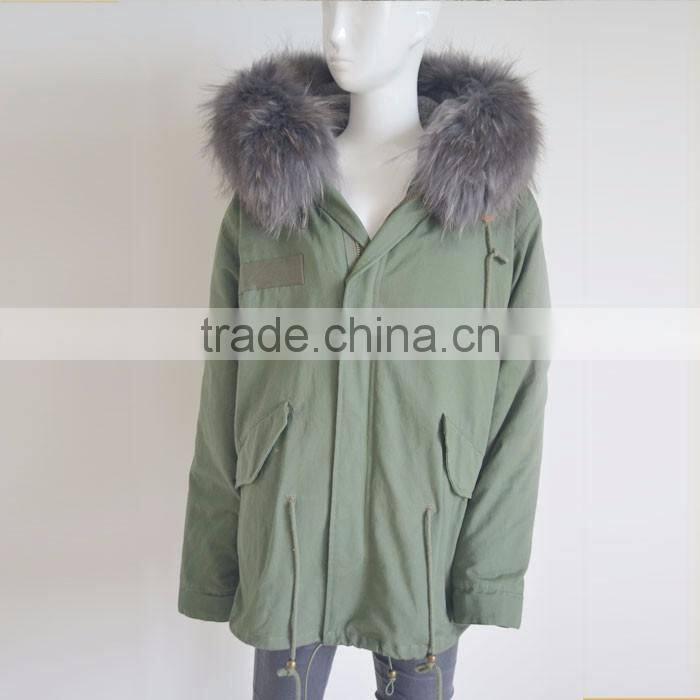 Myfur Customized Army Green Shell Parka Coat with Real Fur Hooded Faux Fur Lining
