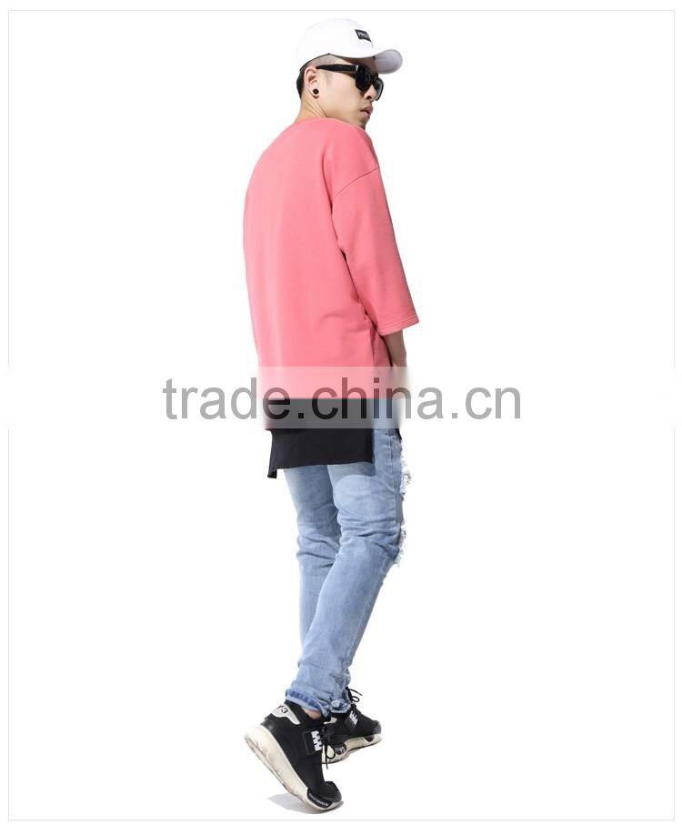 Mens pink side slit thick 3/4 sleeve loose t shirt
