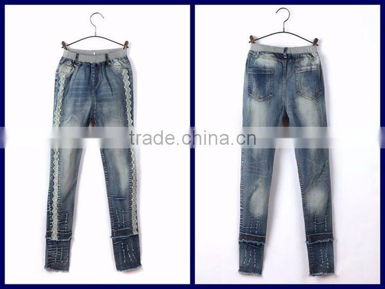Cheap new style fray hem comfortable light blue lace stitched slim fit new design jeans for girls