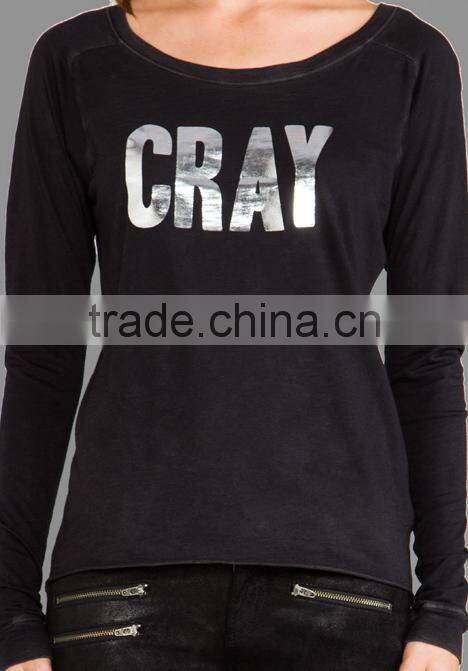 Metallic foil graphic rolled hem t-shirts