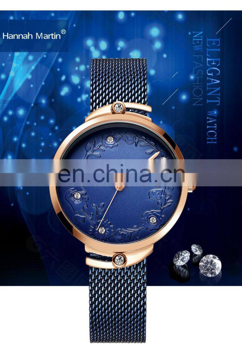 Hannah Martin 119 New Hot Sale Women Watch Rhinestone Embossed Rose Gold Mesh Belt Japanese Movement Waterproof Quartz Watch