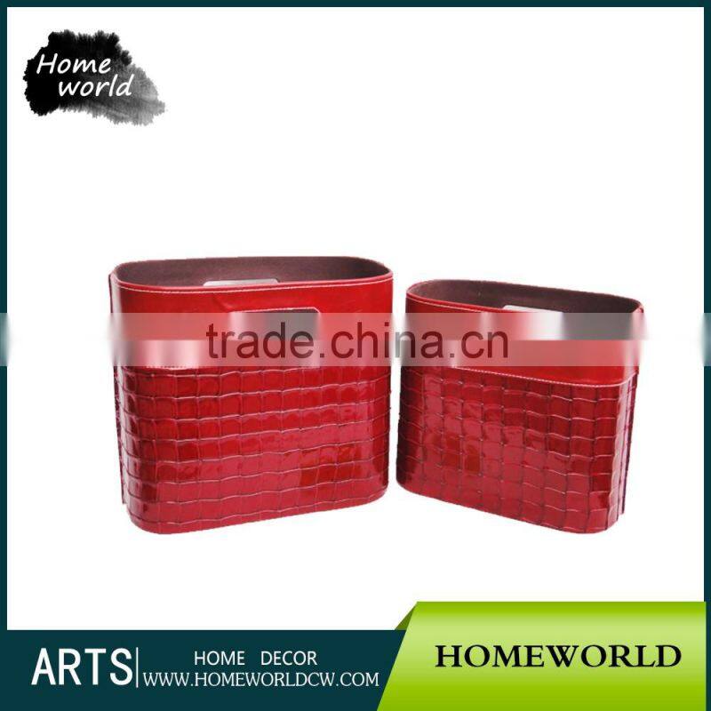 Red Color Lattice Stitching Crocodile Magazine Leather Kitchen Storage Basket