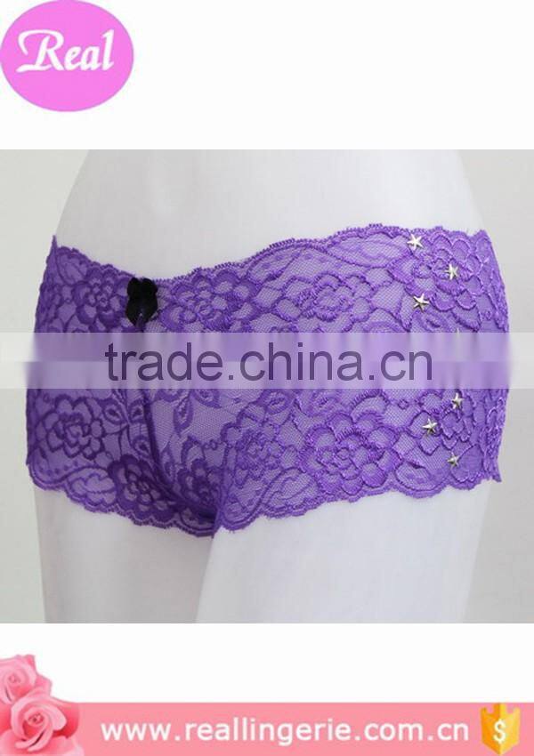 purple sexy full lace transparent woman panties with star metal decorated