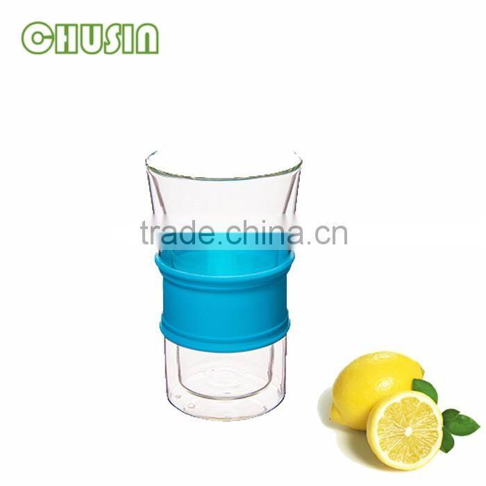 Popular double wall glass coffee cup/milk mug/tea cup with silicone lid and silicone sleeve