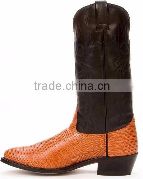Black cognac fancy stitched manmade shaft leather lizard printed western cowboy boots