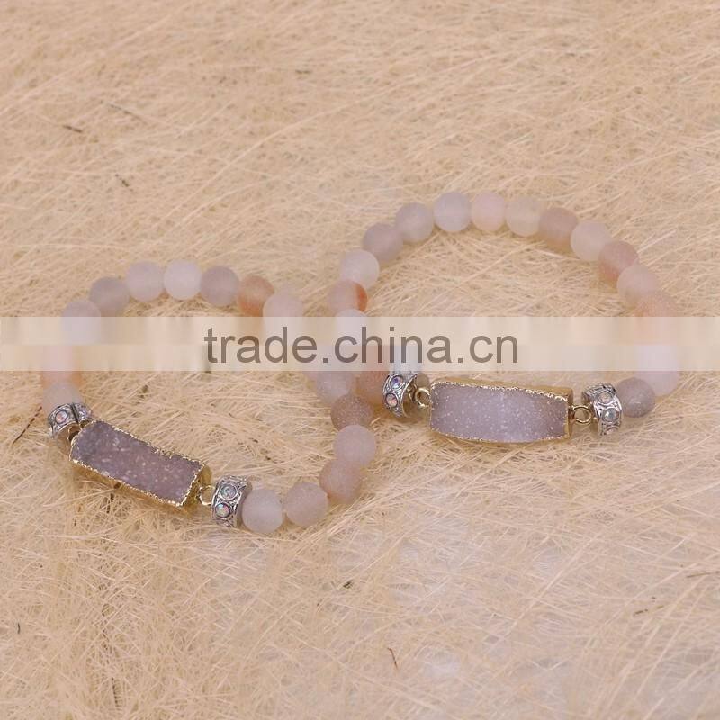 Gold Plated Natural Rectangle Agate Druzy Gemstone Bracelet, with 8mm Frosted Agate Beaded Bracelets Jewelry