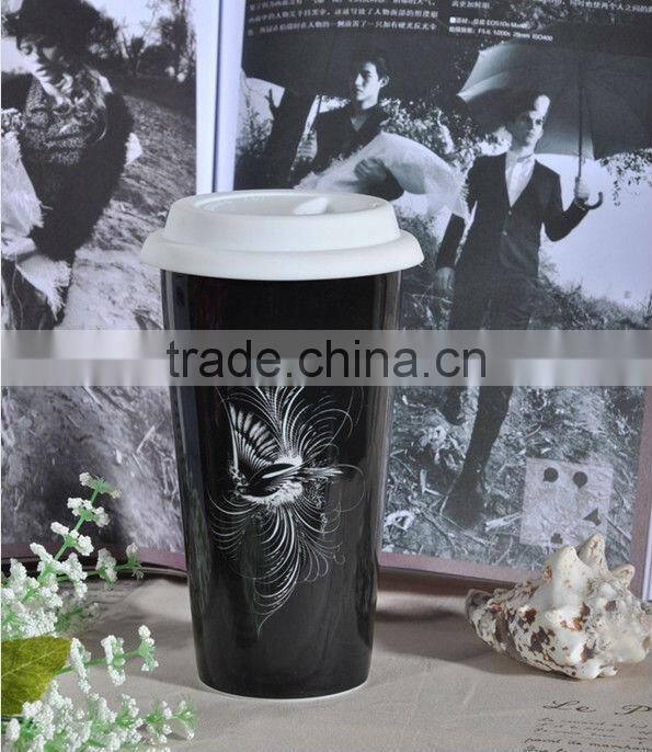 double wall custom porcelain coffee mug with lid, eco ware white porcelain coffee mug